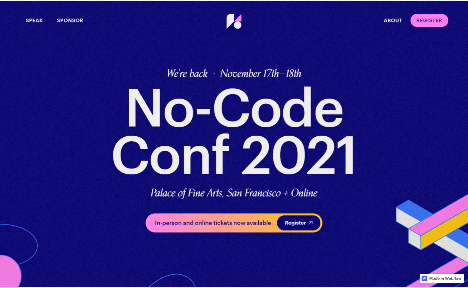 No-Code Conf 2021 event website screenshot