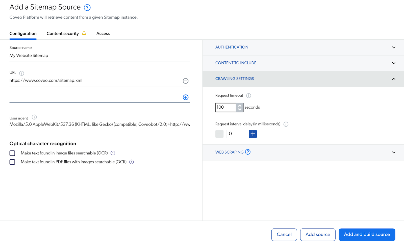 A screenshot shows how a user can add a Sitemap Source in Coveo