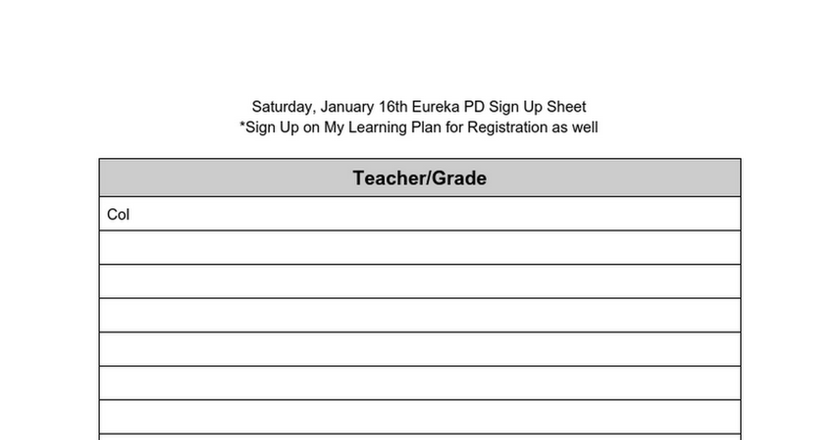 Saturday, January 16th Eureka PD Sign Up Sheet