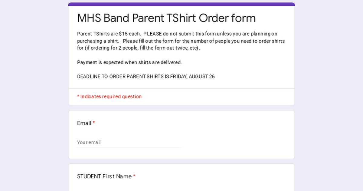 MHS Band Parent TShirt Order form