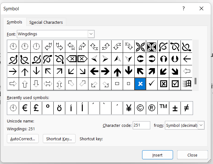 The symbols menu in Microsoft Word