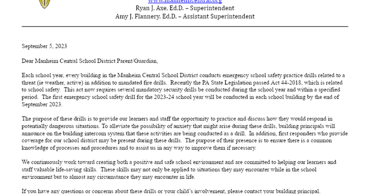 Safety Drill Parent Letter