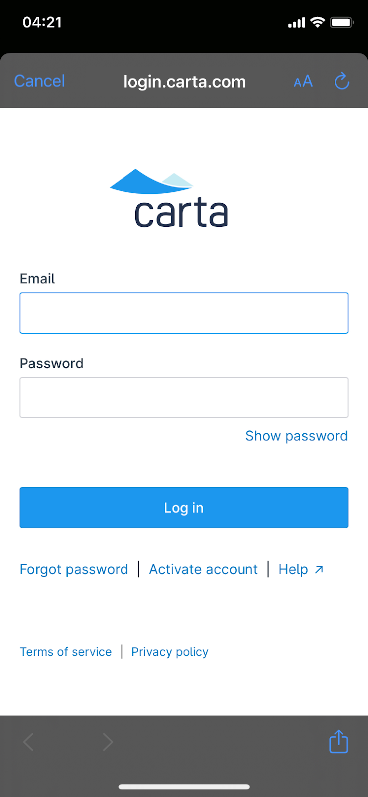 Logging in on the Carta Mobile App