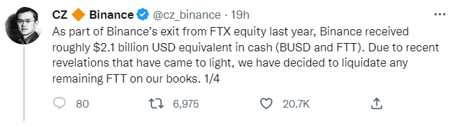 Binance Will Liquidate All Of Its FTX Tokens