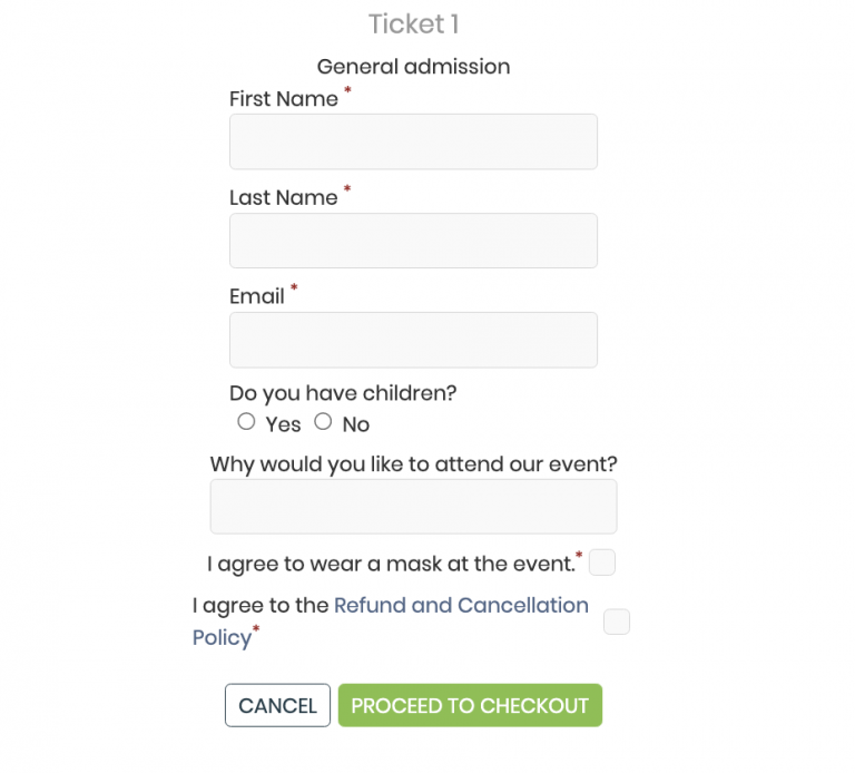 print screen of Timely event management platform custom fields on event booking form