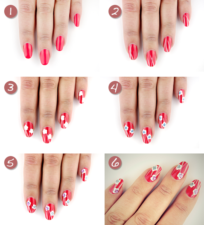 fingernägel muster, lange nägel, nageldesign in rot mit weißen blumen