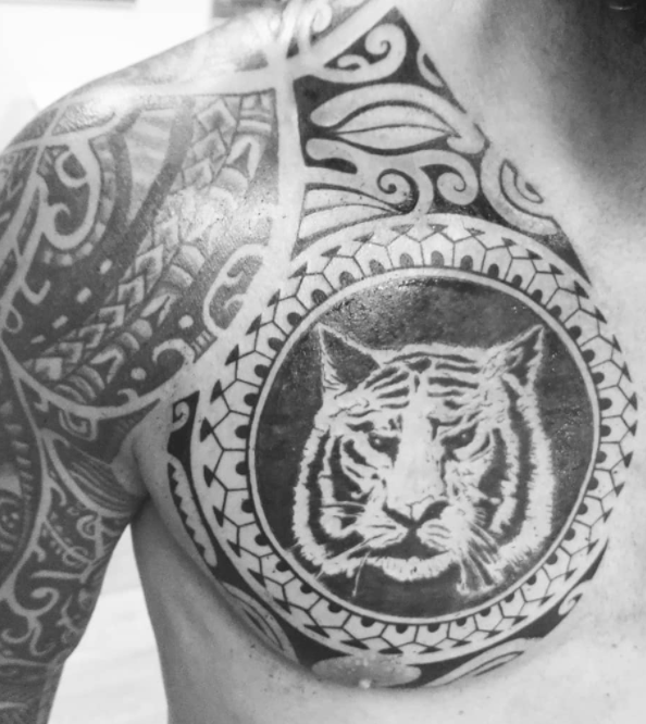 Realistic Tribal Tiger Chest Tattoo