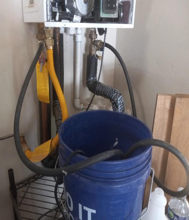 A blue bucket with black hoses and a white machine

Description automatically generated