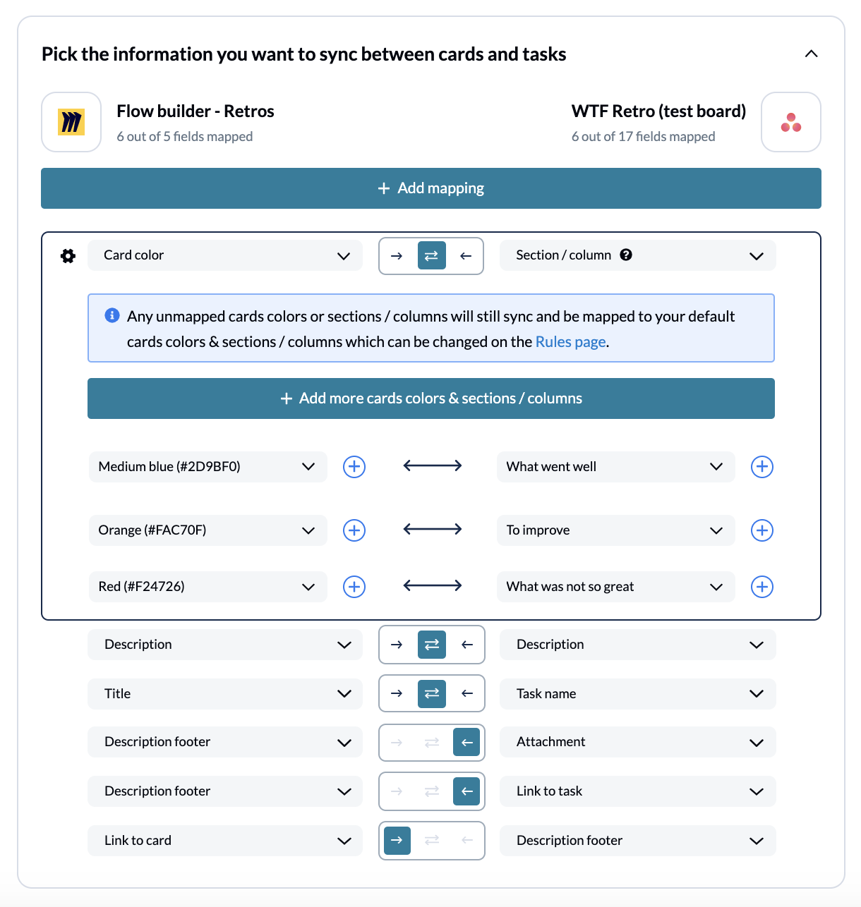 a screenshot of Unito's field mappings between Miro and Asana