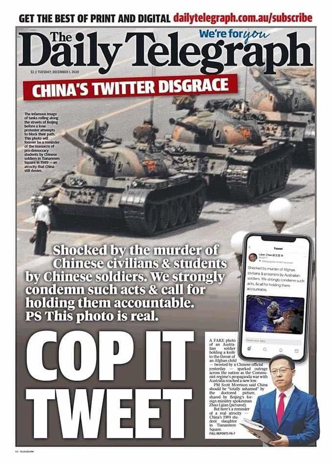Tờ Daily Telegrahp xới lại sự kiện Thiên An Môn trên trang nhất số báo hôm nay như một sự trả đũa và bày tỏ sự giận dữ trước bức ảnh của Triệu Lập Kiên trên Twitter.