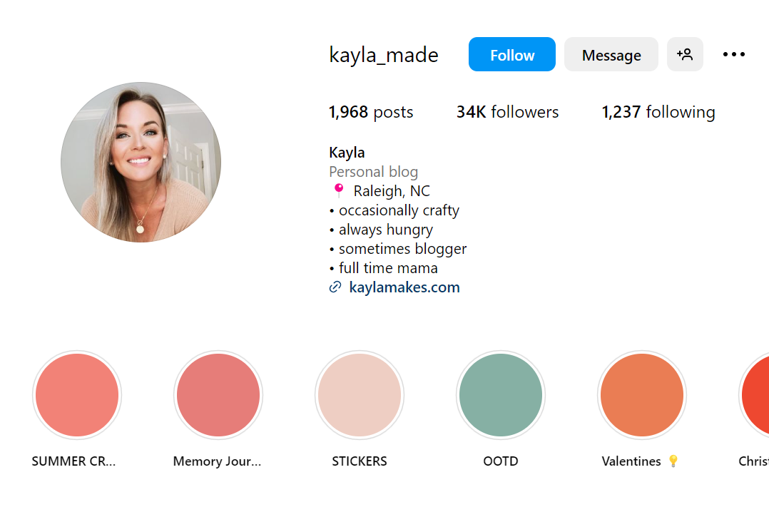 Screenshot of @kayla_made Instagram profile page