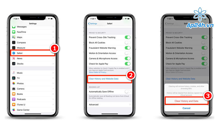 Thao tác dọn lịch sử và cookie trên iPhone