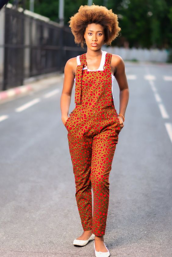 lady wearing ankara dungaree on the street