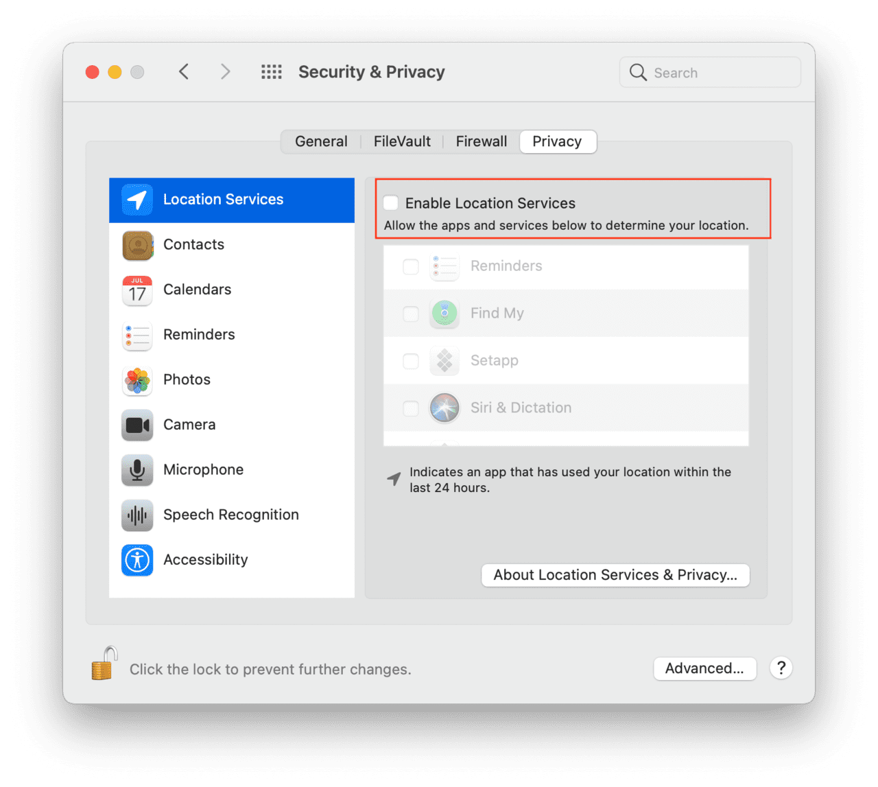 Disable location services on Mac