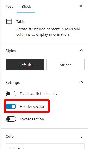 Adding header section in WordPress tables using block editor