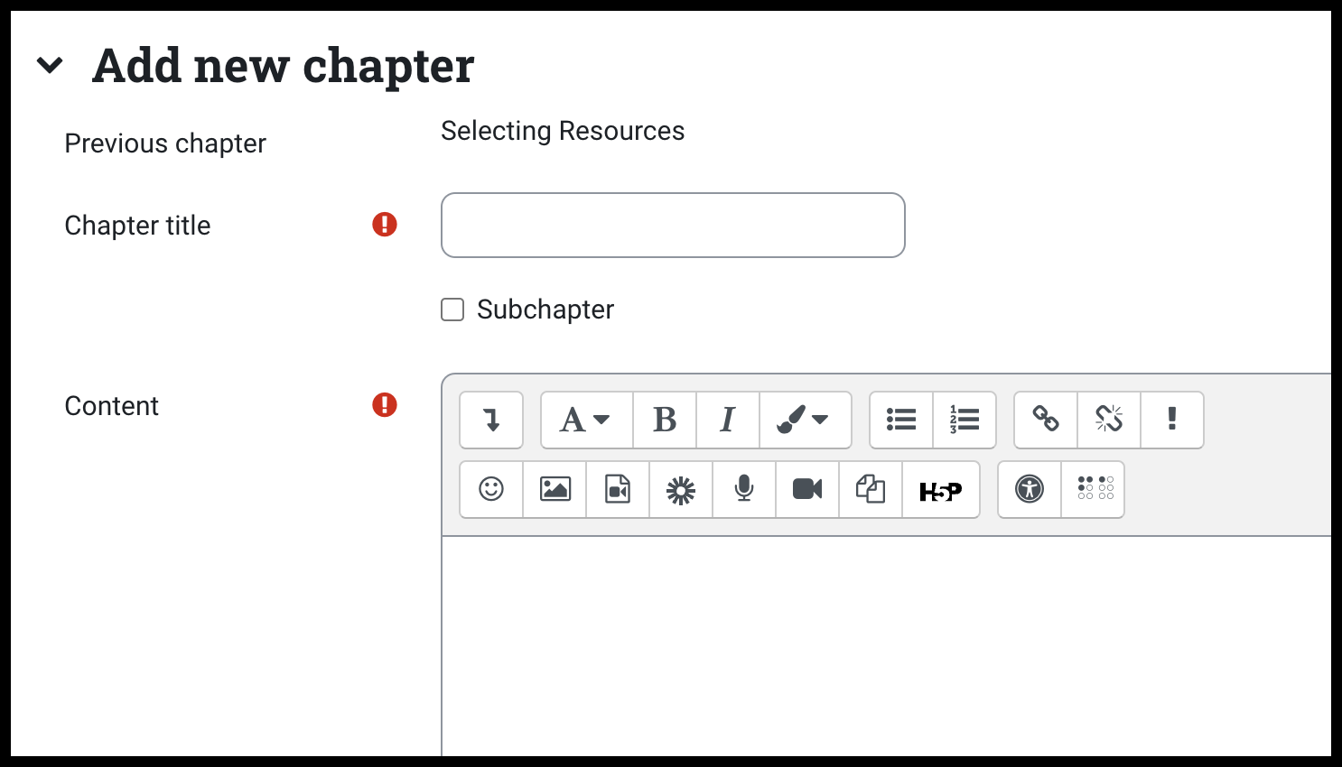 Fields to enter Chapter title and Content displayed