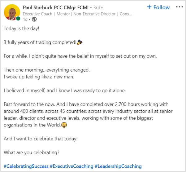 Paul Starbuck's shared a celebration post on LinkedIn. 