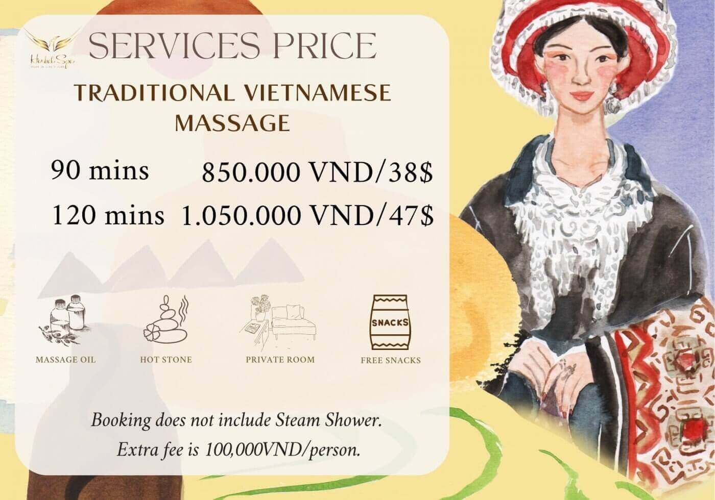 Price list for Vietnamese traditional massage services at Herbal Spa Da Nang