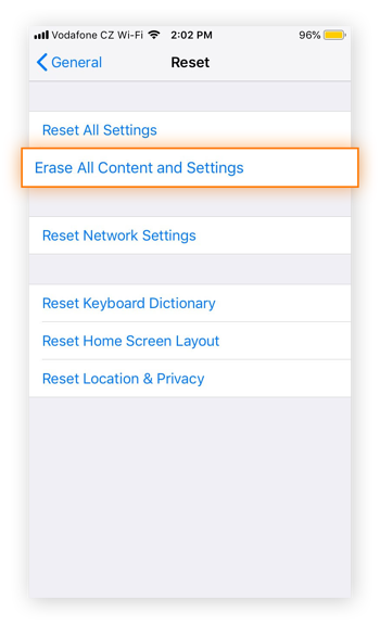 The Reset menu within the General Settings of iOS 12.4