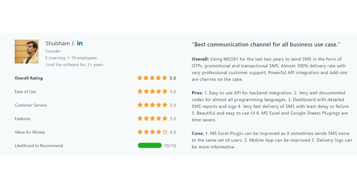 best top otp service providers | Msg91 review | positive review