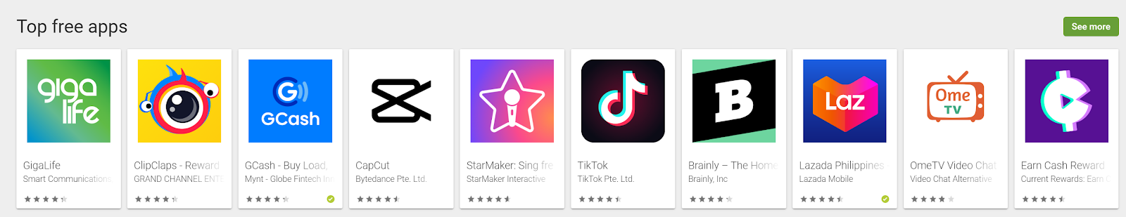 Example of top free apps in the Google Play Store.