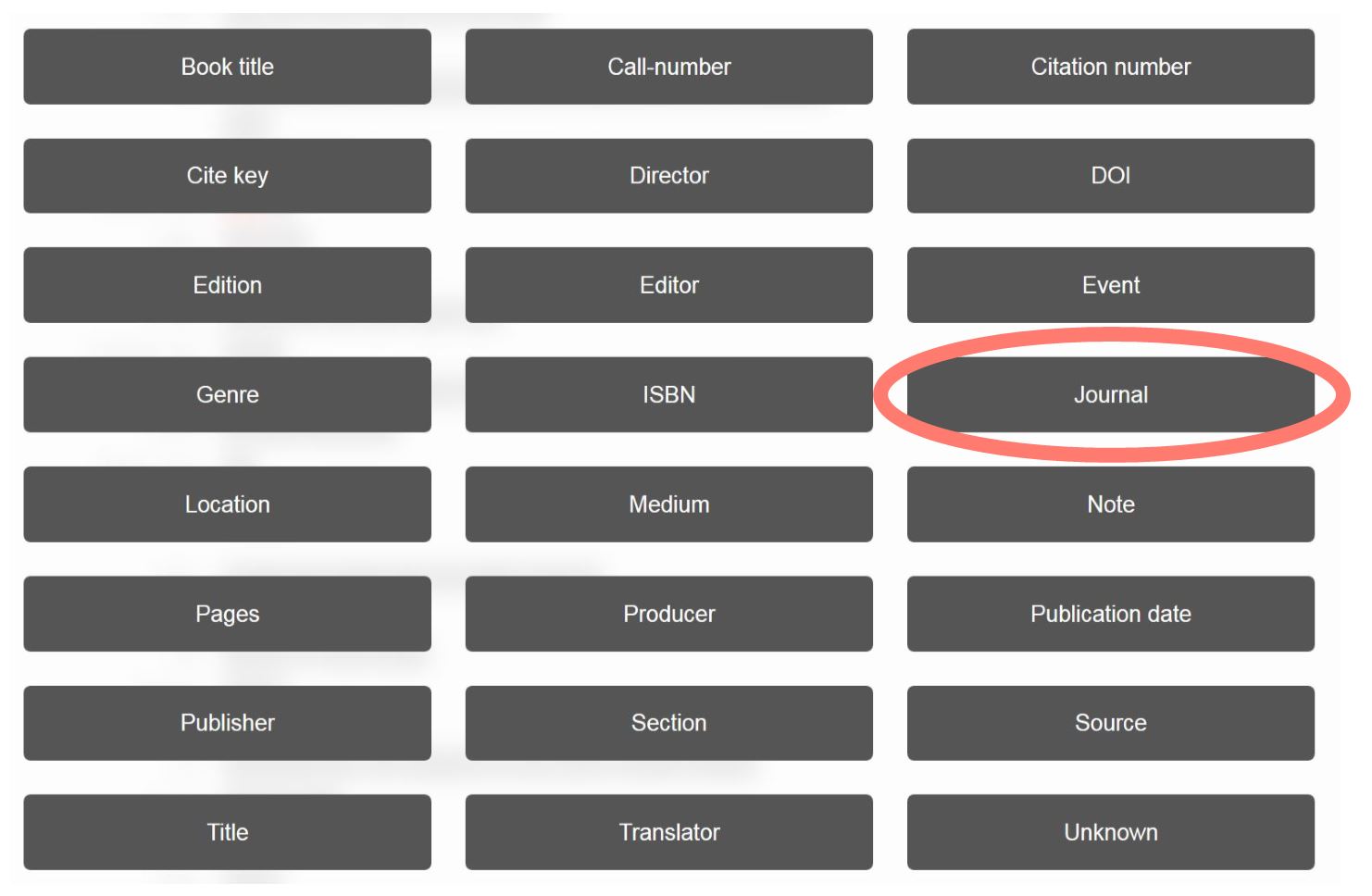 Screenshot of label options section of anystyle.io with a circle around 'Journal.'