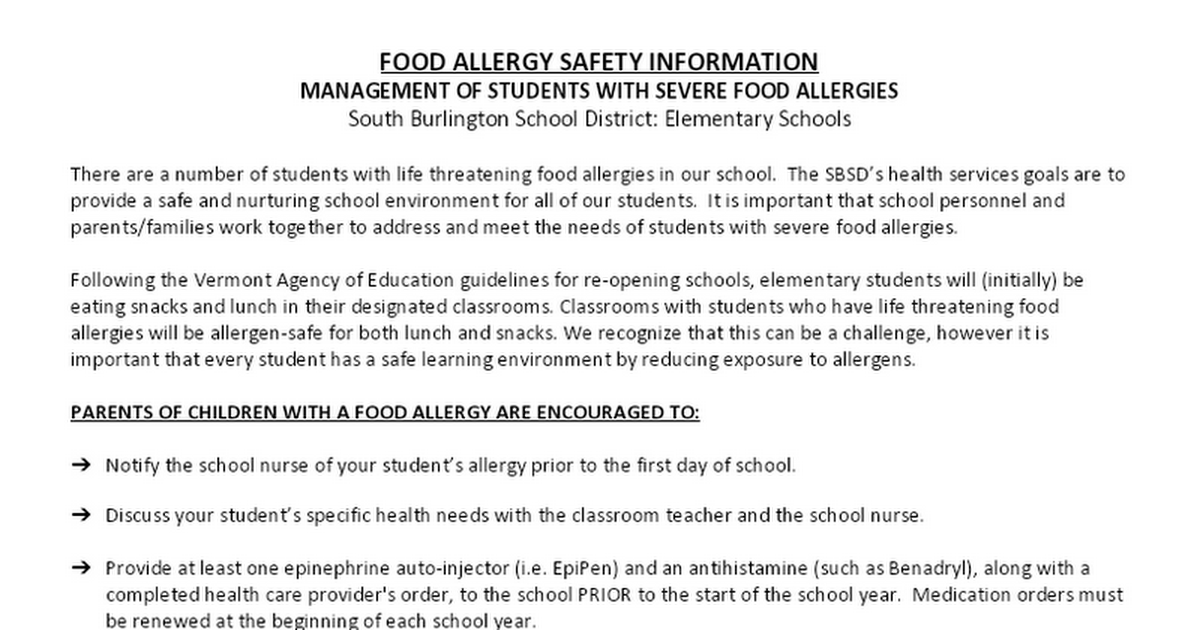Food Allergy Safety Information 2020-2021 COVID