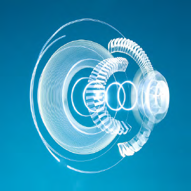 Separated sections of a technology device of some type, perhaps a round speaker, shown in white on a blue background. 