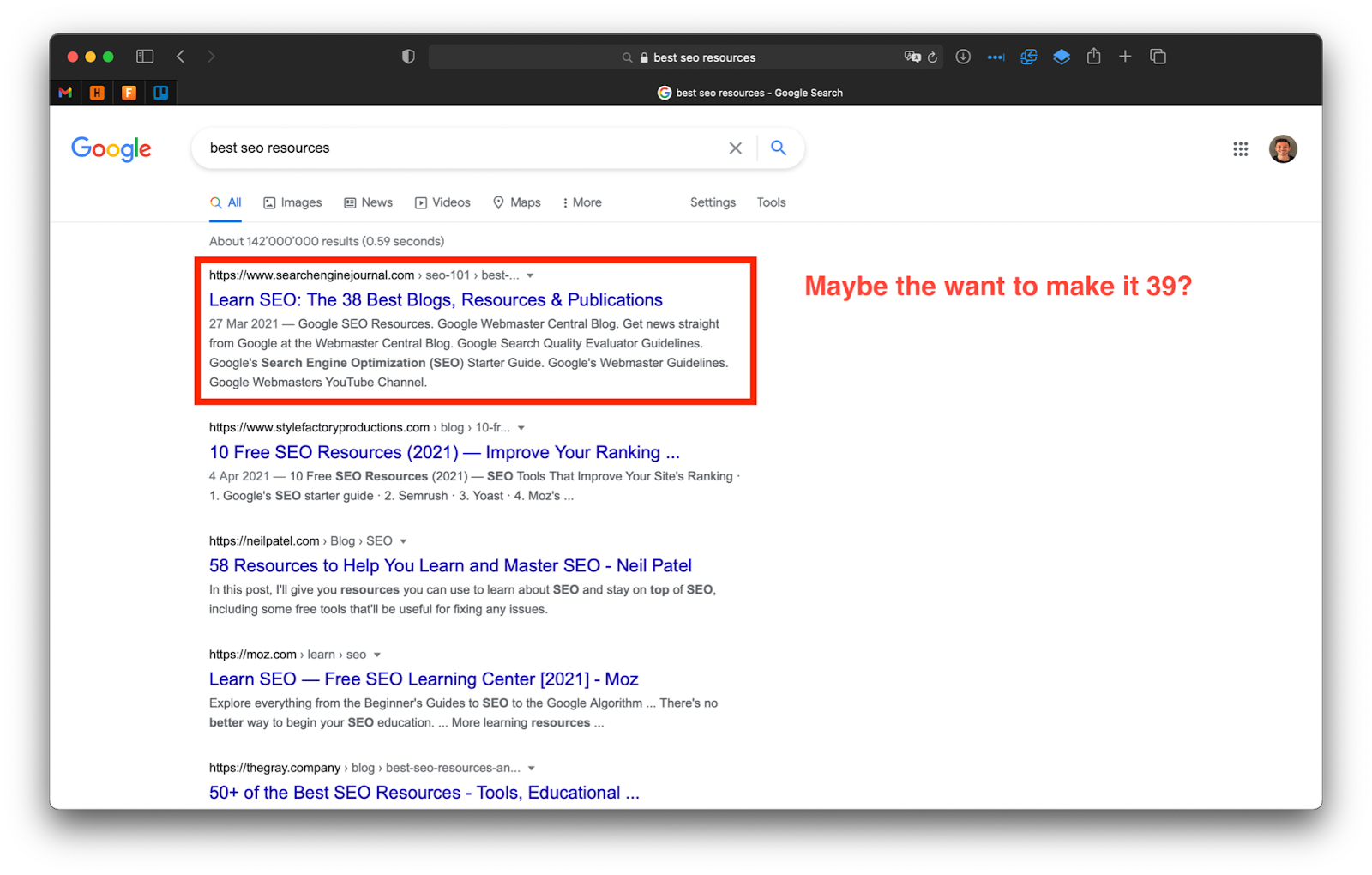 A screenshot of Google's search results for "Best SEO resources" with an article called Learn SEO: 38 best blogs, resources, and publications.