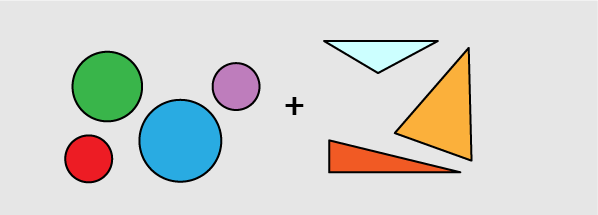 circles (1 blue, 1 purple, 1 green, and 1 red) + triangles (1 orange, 1 yellow, and 1 light blue)