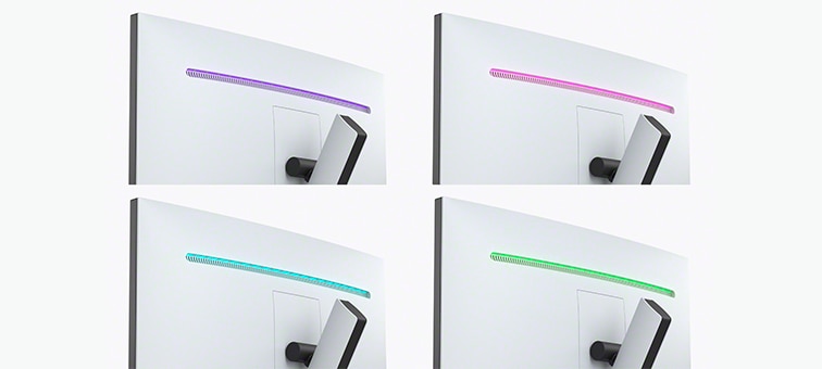 Quartile image of the rear of four INZONE M9 monitors showing purple, pink, turquoise and green lighting colours