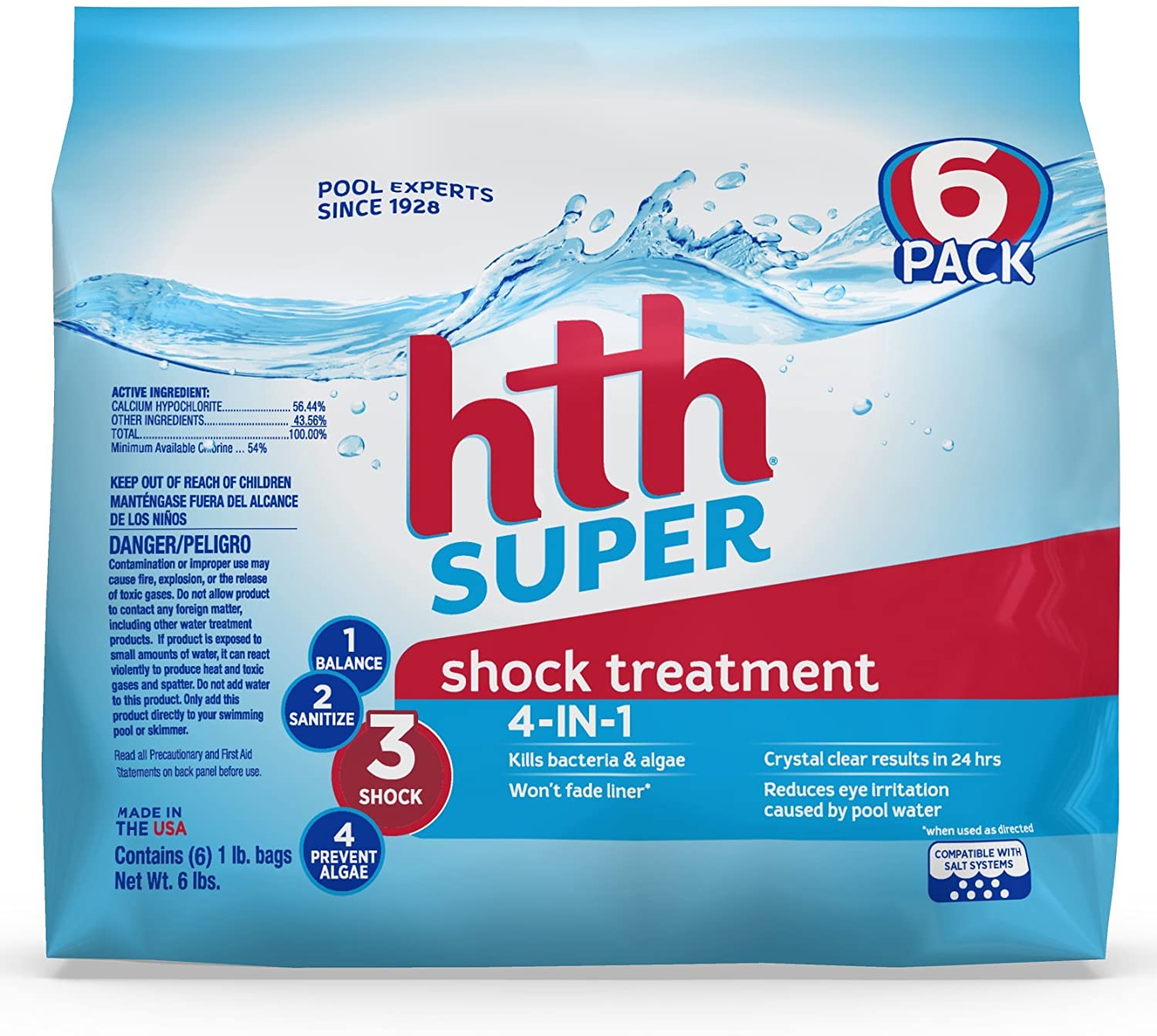 un pacco da 6 di hth super shock trattamento per piscine
