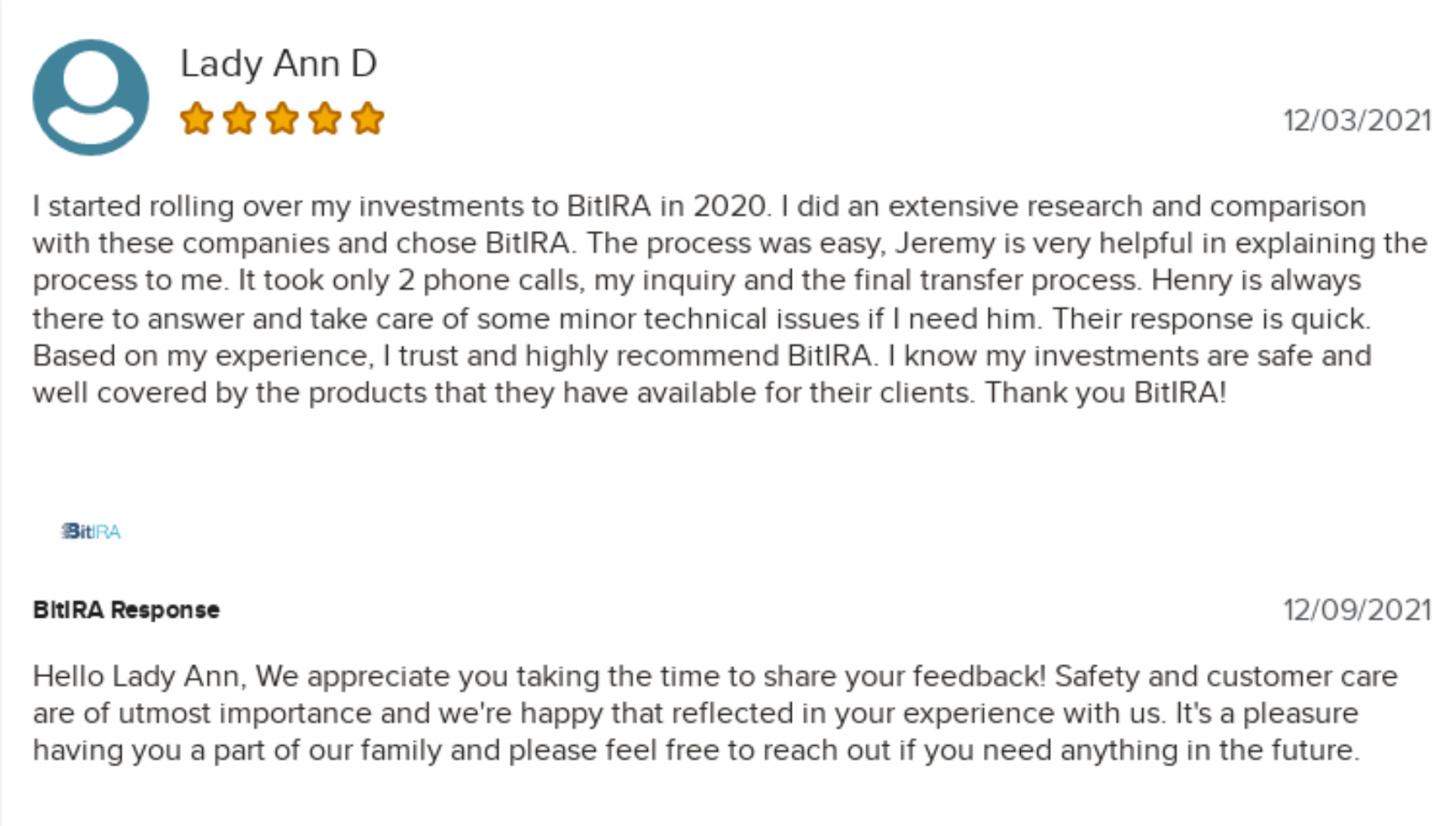 BitIRA Customer review