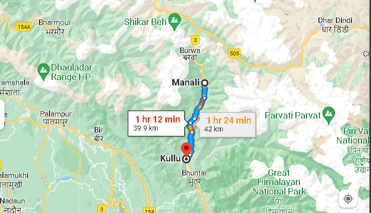 Kullu and Manali Map Distance