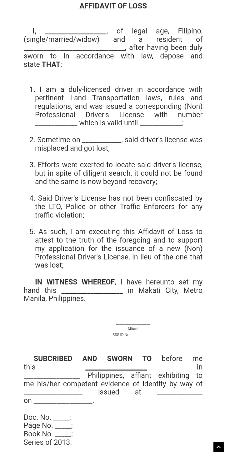 affidavit of loss LTO