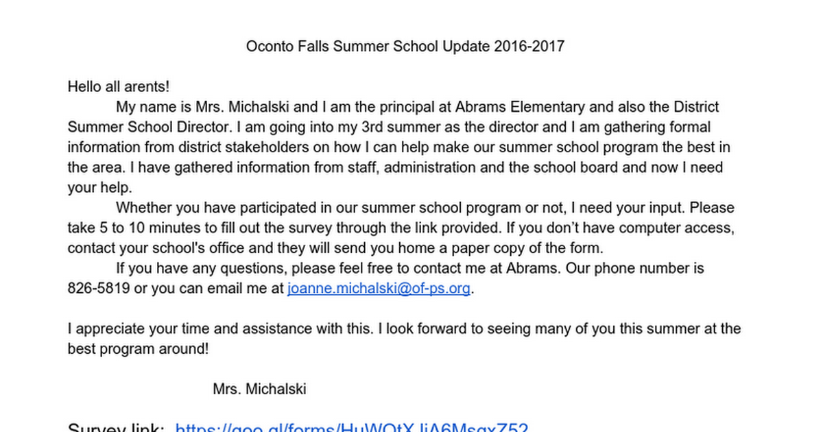Oconto Falls Summer School Update 2016-2017