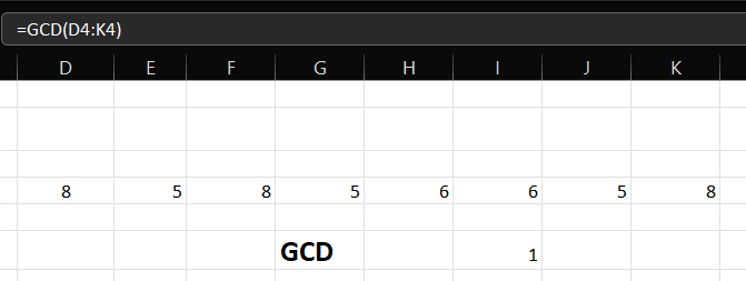 How to find the largest common factor of some numbers stored in D column, you would use the GCD formula: