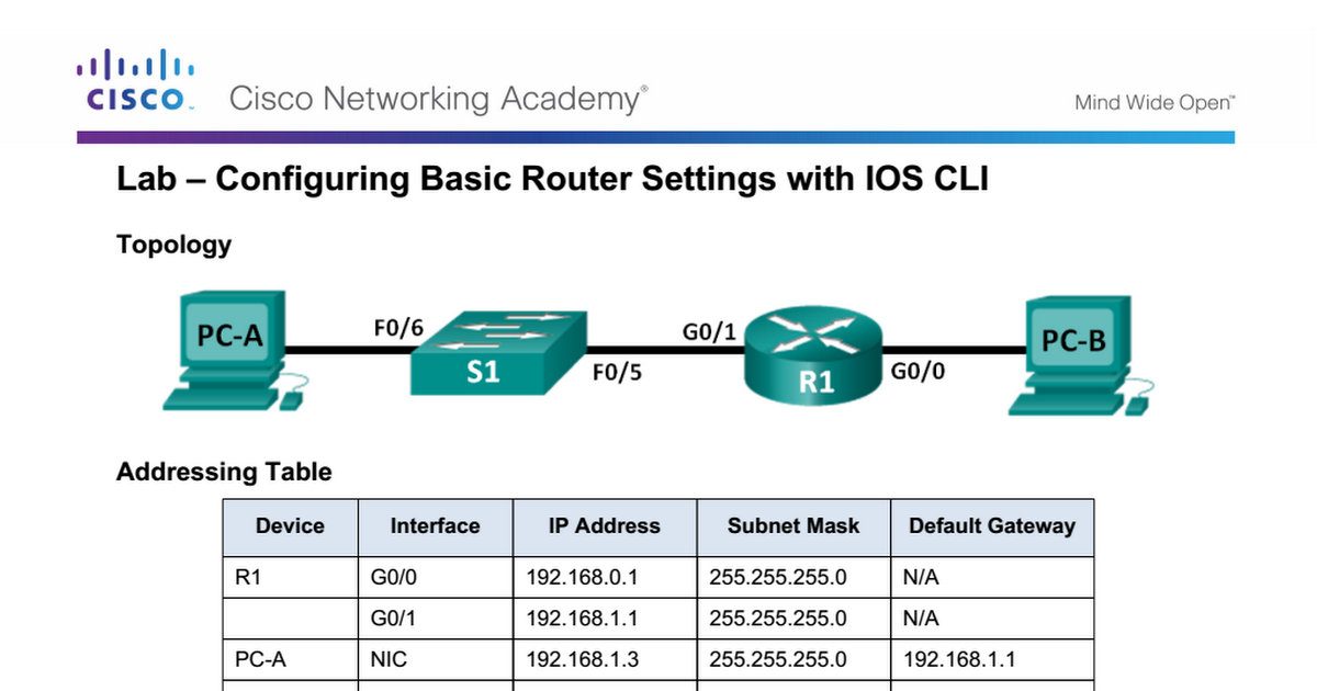 4.1.4.6 Lab - Configuring Basic Router Settings with IOS CLI.docx - Google  Drive