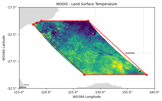 A MODIS tile representing a footprint of Figure 2. When we use a no_data value of zero for our MODIS tile, the resulting footprint now clips off the small area of ocean in the northwest corner of the tile. The footprint does not create an exact outline of the image.