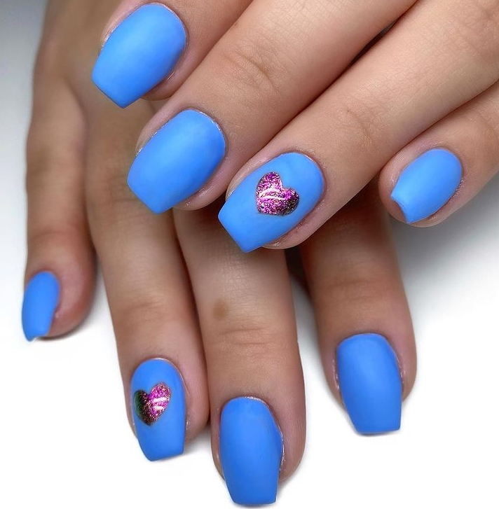 Satin Blue Glitter Heart Cute Short Nails