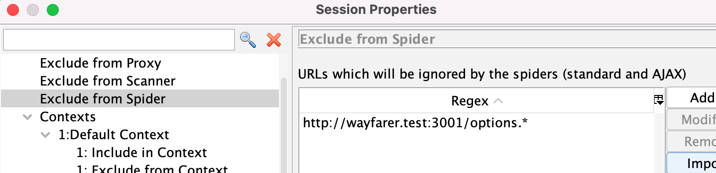 ZAP's session properties dialog with the Exclude from Spider options showing, and the newly-added exclusion rule listed.