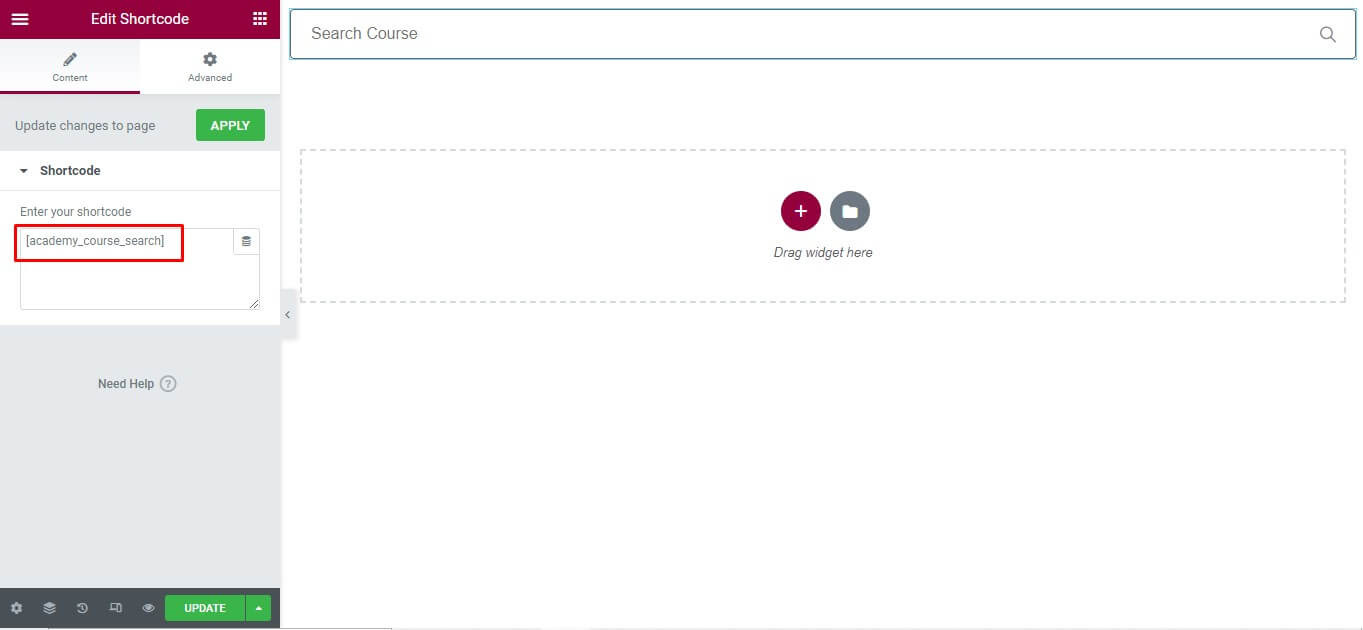 academy lms search shortcode elementor preview