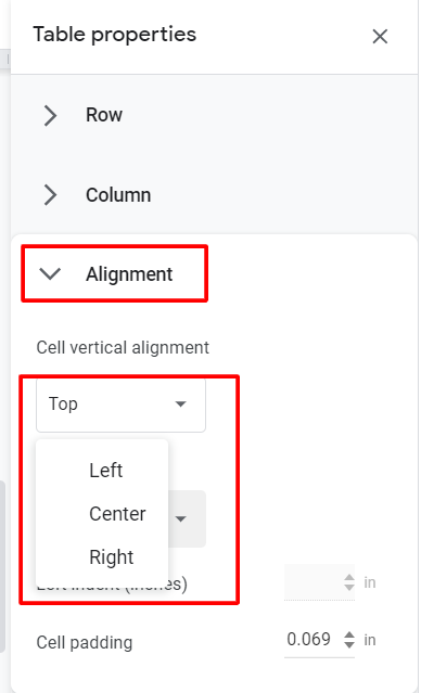 center alignment of table