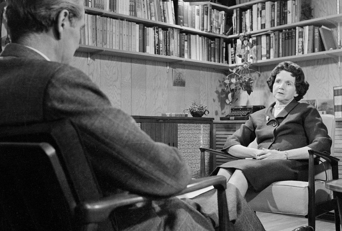 Rachel Carson shown as she is interviewed by Eric Sevareid for an episode of `CBS Reports` in her study at her home in Maryland, November 29, 1962. 