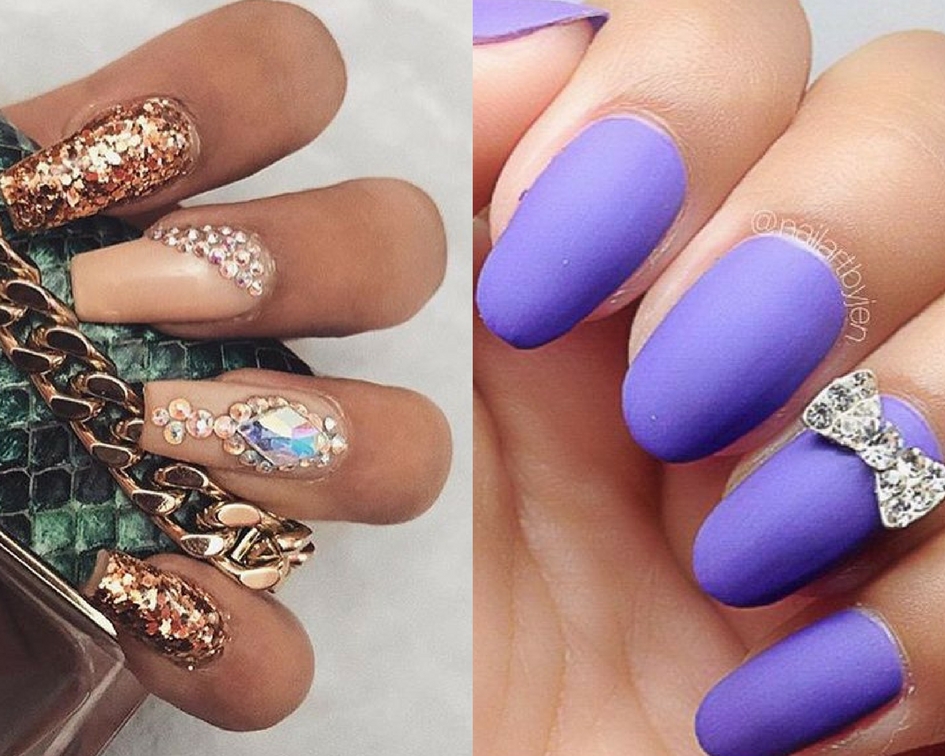 beauty collage with gorgeous, long nail designs decorated with glitter and rhinestones