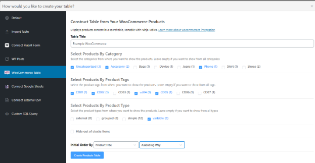 how to create a WooCommerce product table