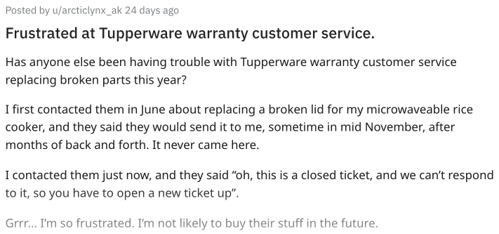 Purchaser not happy with Tupperware warranty service