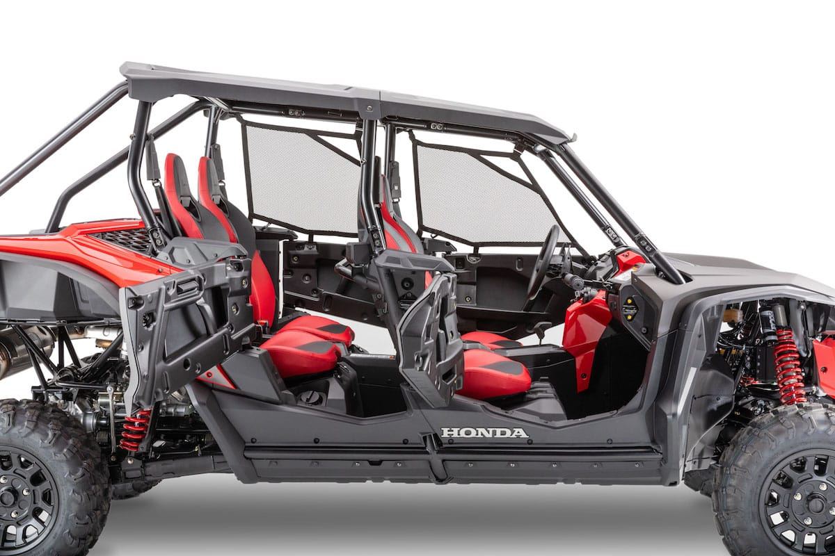 Bolstered chairs with a high back offer a pass-through for a quick crotch strap setup. For a better sightseeing experience, the back chairs are roughly 3" higher and 2" closer. A well-designed ceiling also comes as standard. - Honda Talon 4 Seater