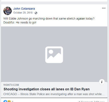 Facebook post by Catanzara with link to an article on a shooting investigation causing all lans on the Dan Ryan Expressway to close