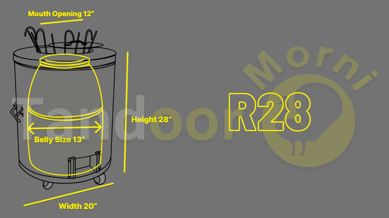 An R28 model from the Home Tandoor Collection, measuring 20x20x28 inches, with a belly size of 13 inches and a mouth opening of 12 inches.